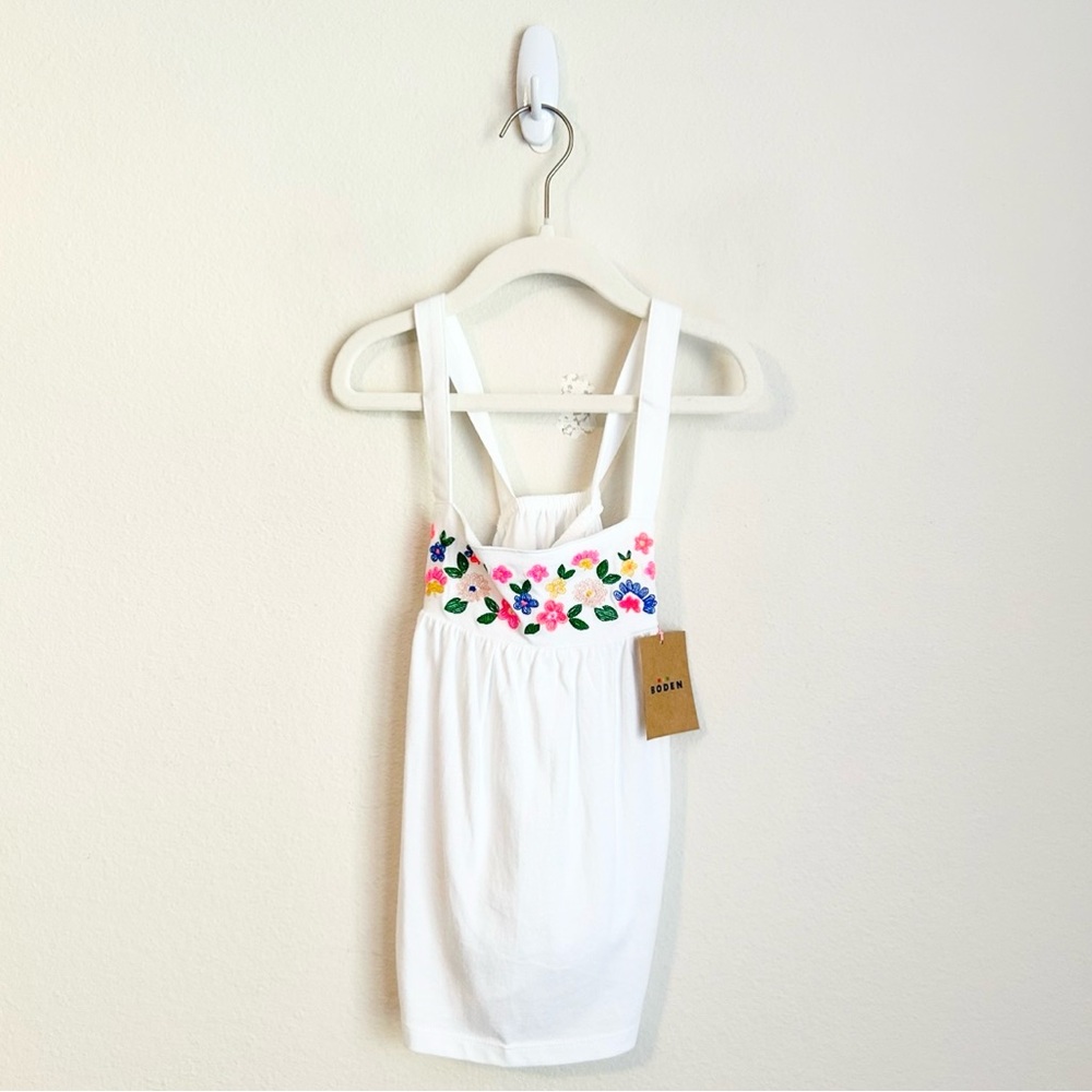 NWT Mini Boden Girls Floral Embroidered Crossback Trapeze Tank Top White
